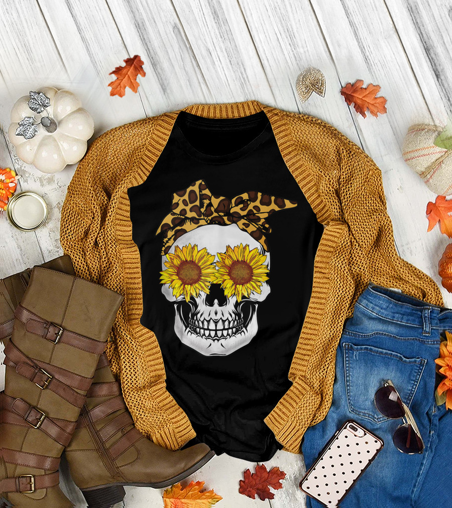 Sunflower Skull with Leopard Bandana Sugarskull Lovers T-Shirt