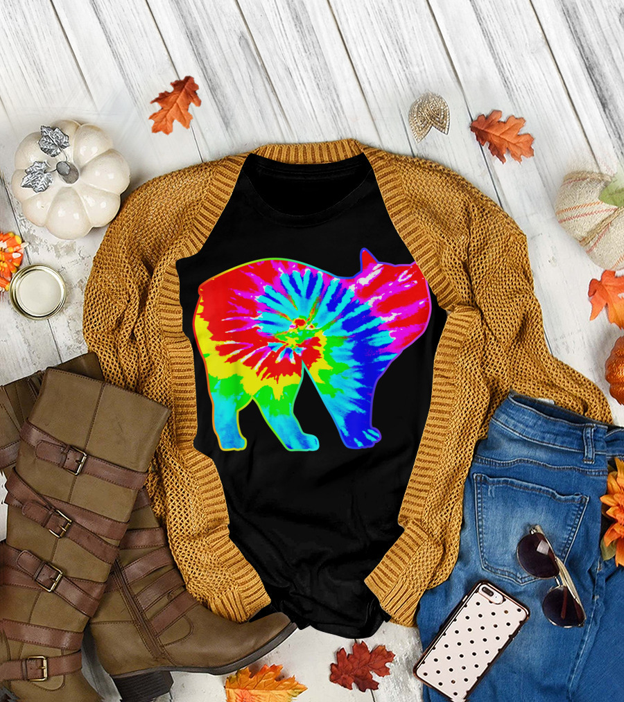 Tie Dye Rainbow Manx Cat Psychedelic Hippie T-Shirt
