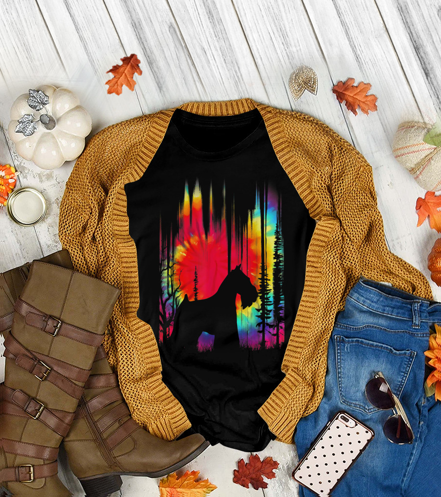 Tie Dye Miniature Schnauzer Hippie Puppy Dog Rainbow Forest T-Shirt