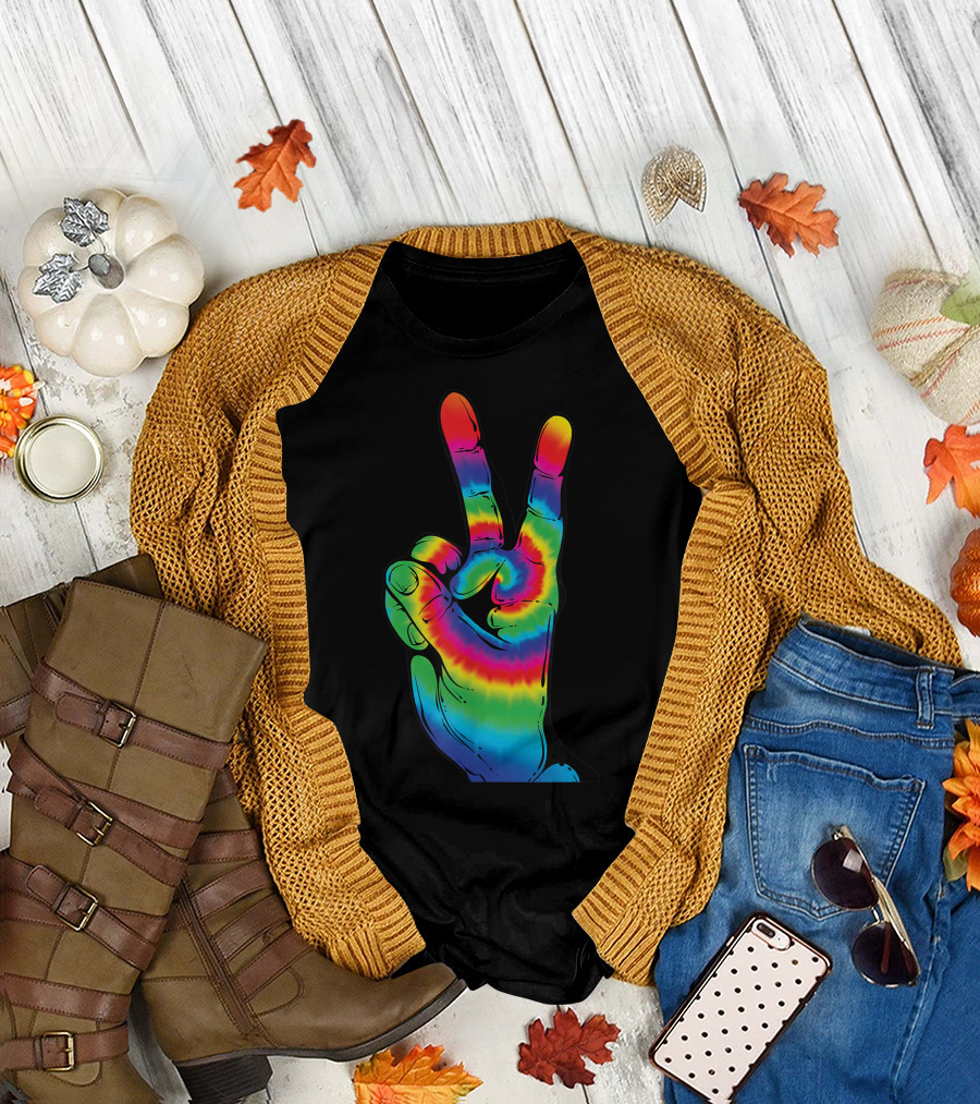 Tie Dye Peace V Hand Sign Rainbow Hippies T-Shirt