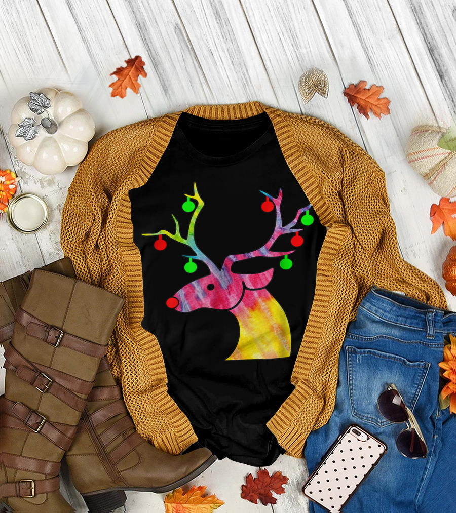 Tie Dye Reindeer Colorful Antlers with Ornaments T-Shirt