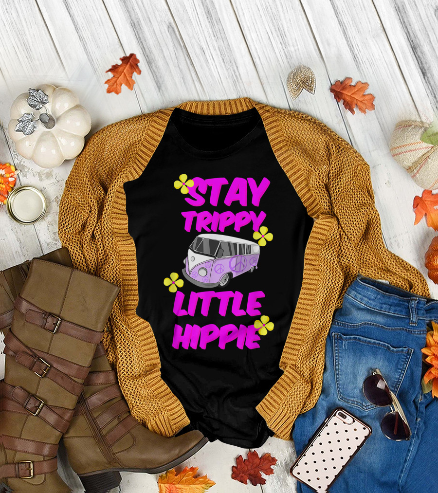 Stay Trippy Little Hippie Peace Sign Minibus Van Vibrant Flower Accents T-Shirt