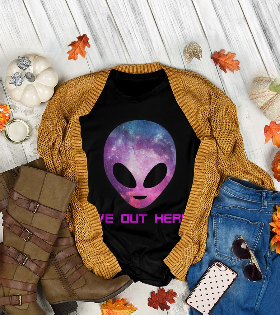 Trippy Alien Head We Out Here Ufo Galaxy Print T-Shirt