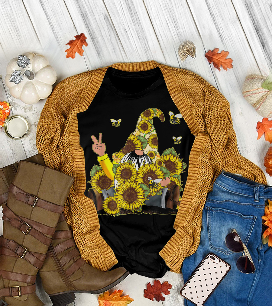 Tu Hippie Gnome Surrounded by Sunflowers and Bees T-Shirt