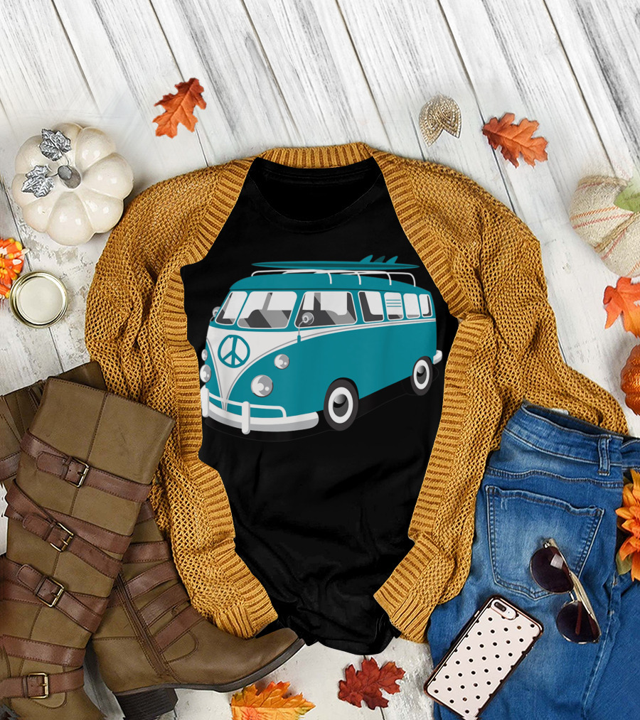 Van Life Hippie Van Surf Van Microbus Peace Symbol Surfboards T-Shirt