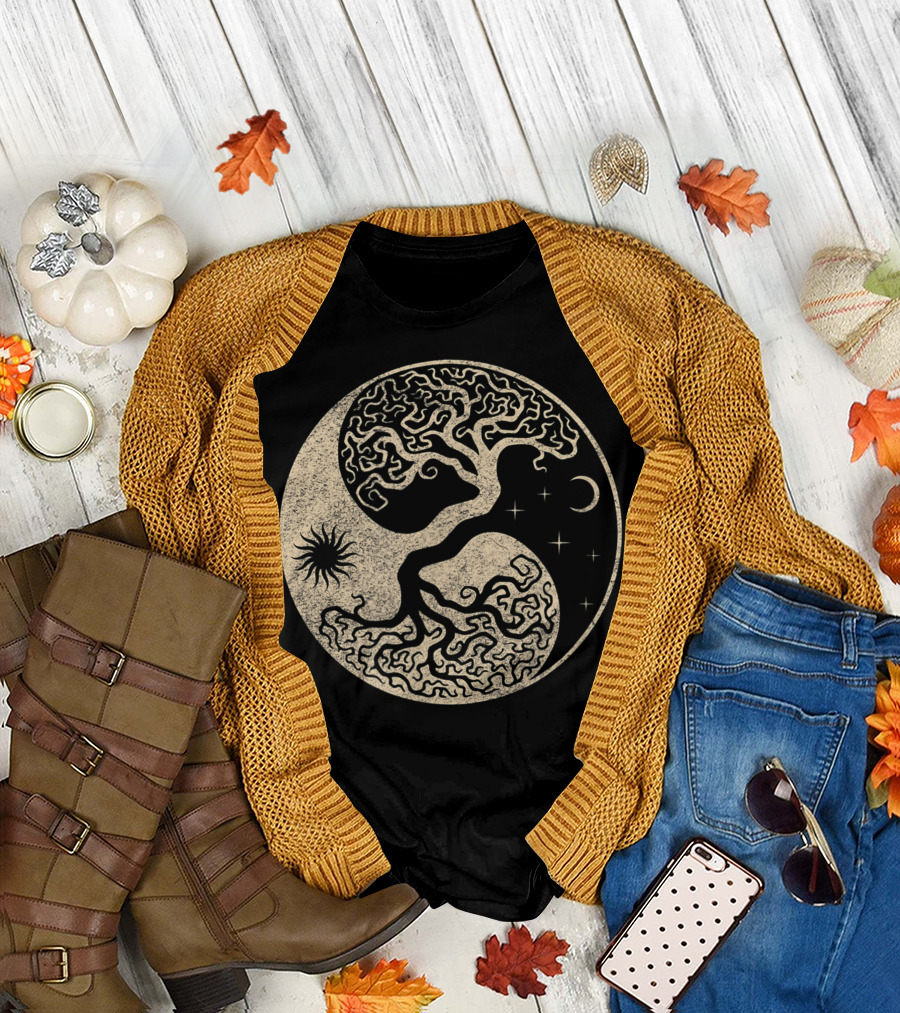 Viking Odin Wotan Norse Mythology Warrior Tree of Life Yin Yang Sun Moon Stars T-Shirt