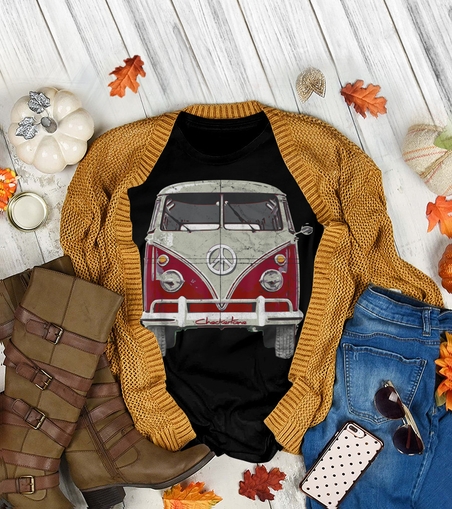 Vintage 1960s Hippie Red Micro Bus Peace Sign Van Surf Wagon Checkerstone T-Shirt