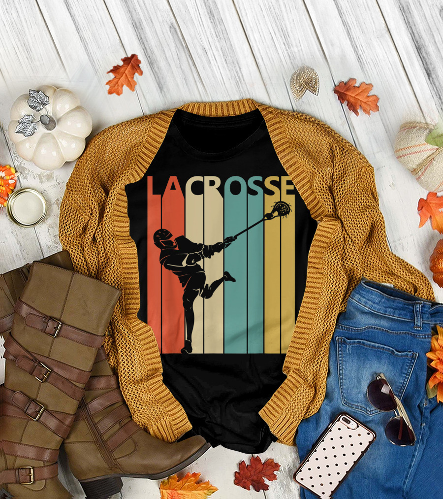 Retro Lacrosse Player Silhouette with Stripes T-Shirt