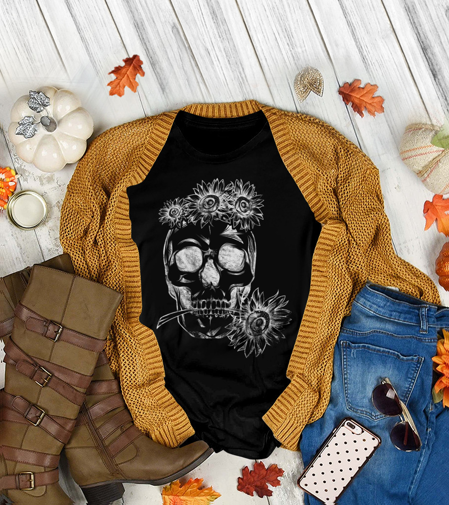 Yellow Bandana Sunflower Skull Hippie Vibes T-Shirt