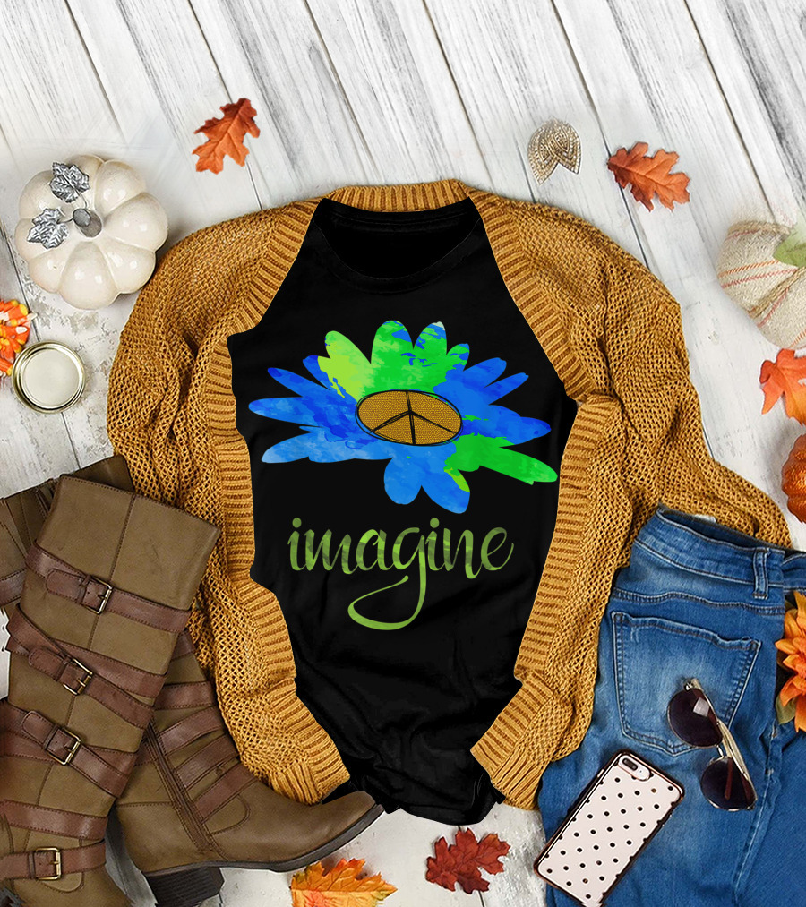 Imagine Peace Sign Floral Blooming Blue Green Flower T-Shirt