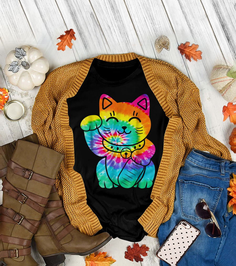 Maneki Neko Tie Dye Rainbow Trippy Hippie T-Shirt