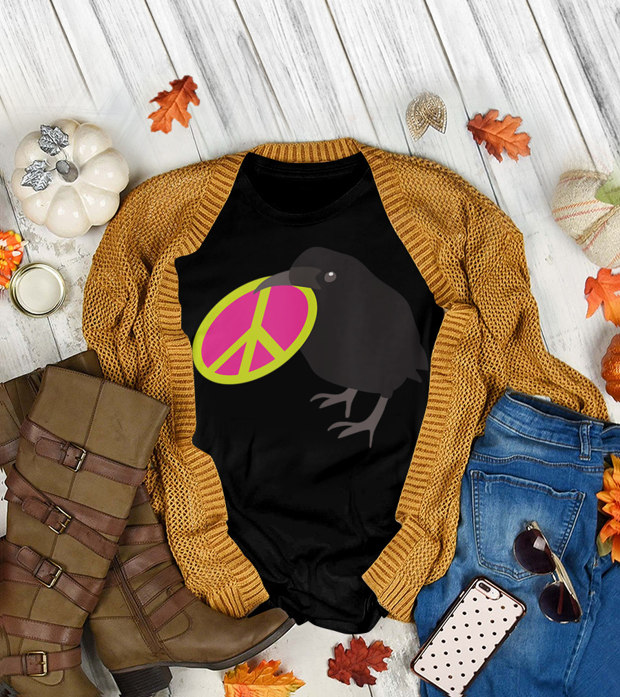 Black Crow Grasping Bright Neon Pink and Yellow Peace T-Shirt