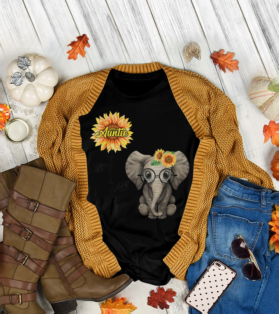 Auntie Sunflower Blessed to Be Called Auntie Hippie Elephant T-Shirt