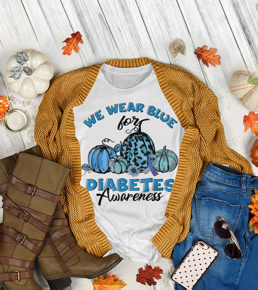 We Wear Blue For Diabetes Awareness Blue Pumpkins Ribbon Sunflower T-Shirt