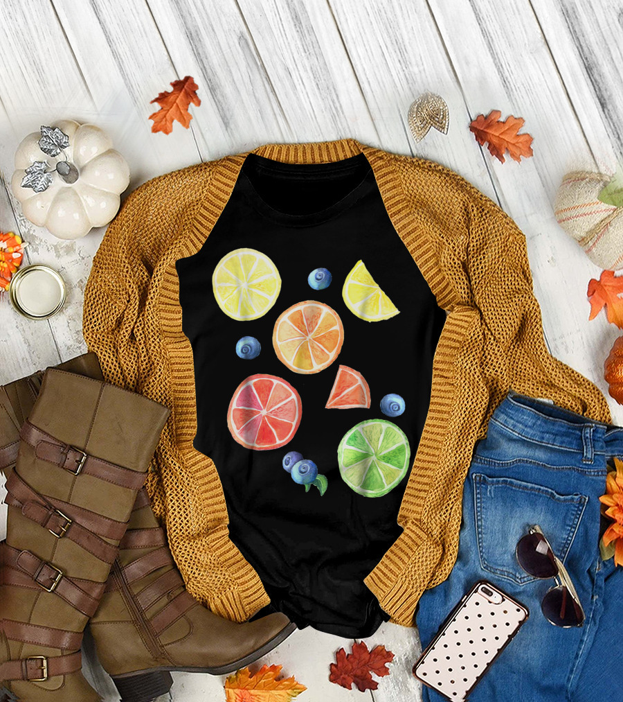 Cute Watercolor Summer Fruits Citrus Lemon Rainbow with Blueberries T-Shirt