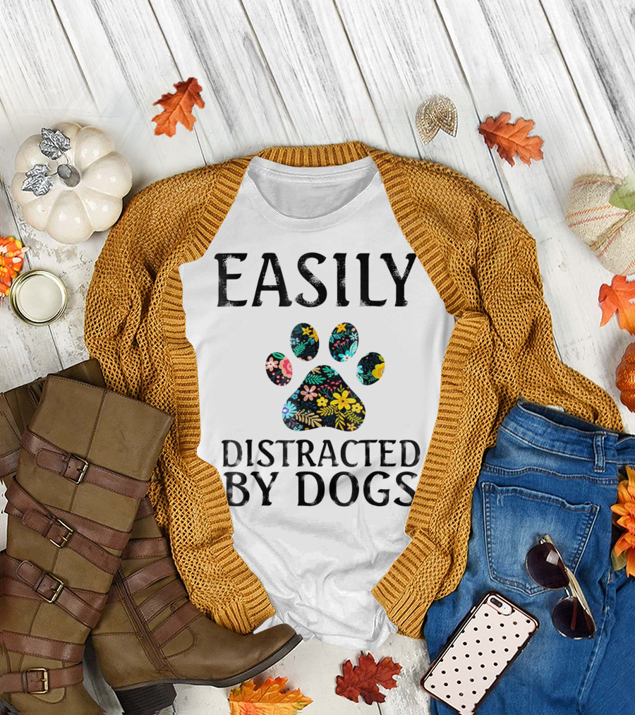 Easily Distracted By Dogs Floral Paw T-Shirt