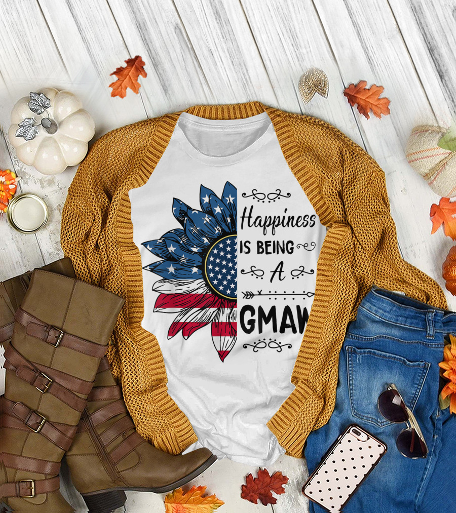 Happiness Is Being A Gmaw Sunflower American Flag Stars Stripes 4Th Of July T-Shirt