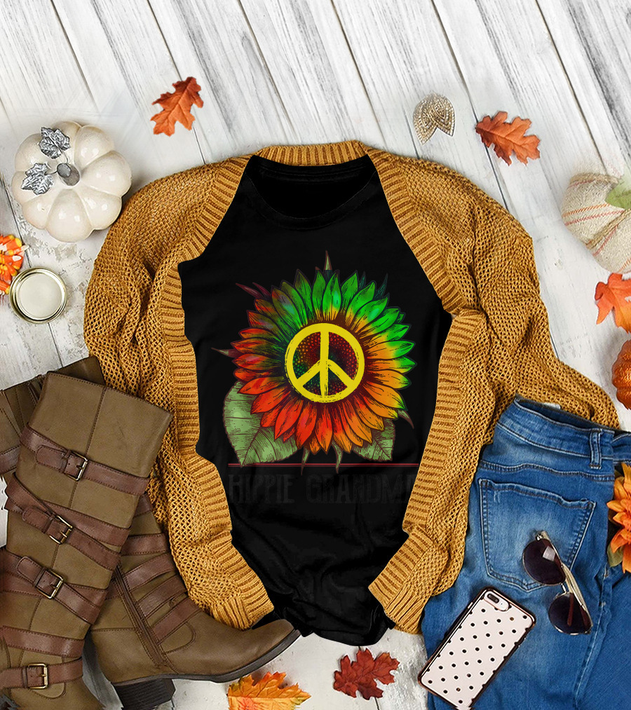 Hippie Grandma Sunflower Peace Symbol Tie-Dye T-Shirt
