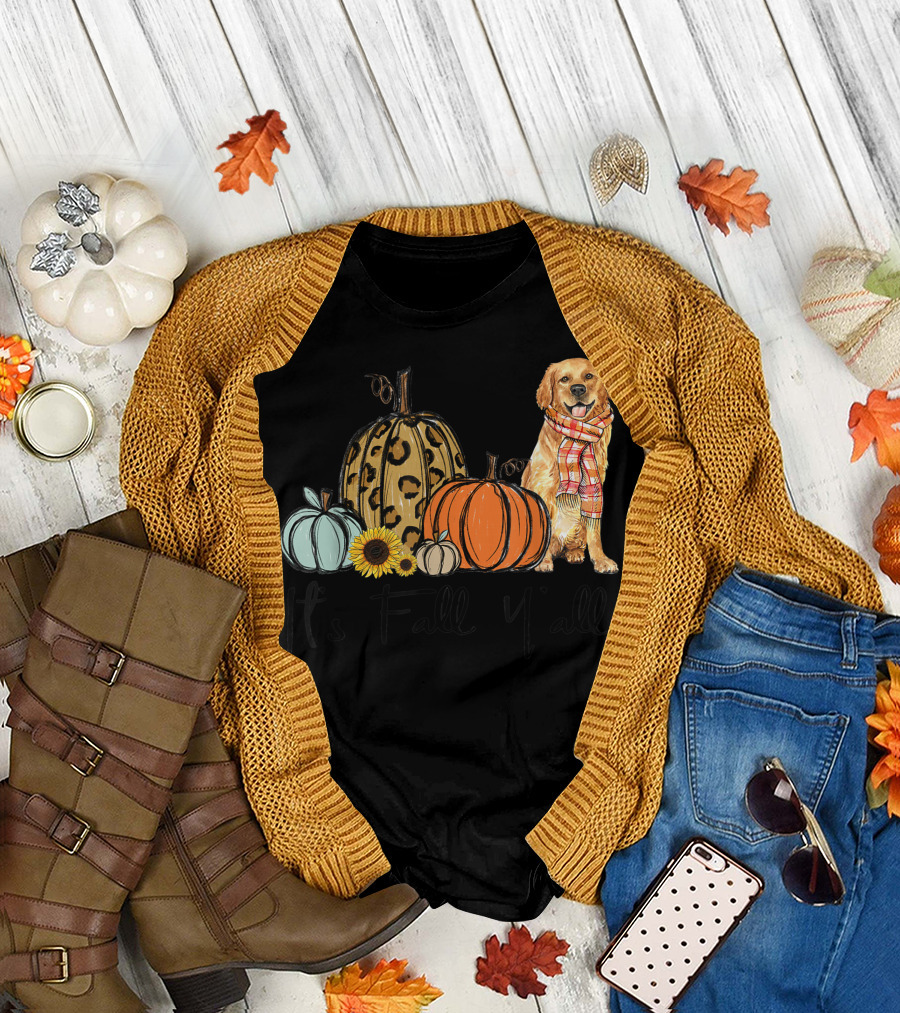 Its Fall Yall Golden Retriever Leopard Pumpkin Scarf Sunflower T-Shirt