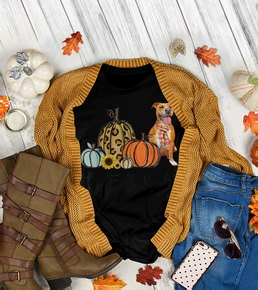 Its Fall Yall Leopard Pumpkin Yellow Pitbull Dog Autumn Decor T-Shirt