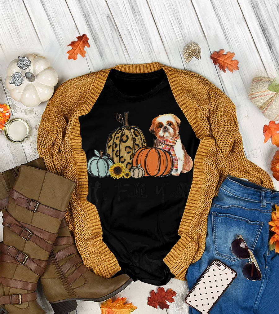 It's Fall Y'all Shih Tzu Dog Leopard Pumpkin with Sunflower and Scarf T-Shirt