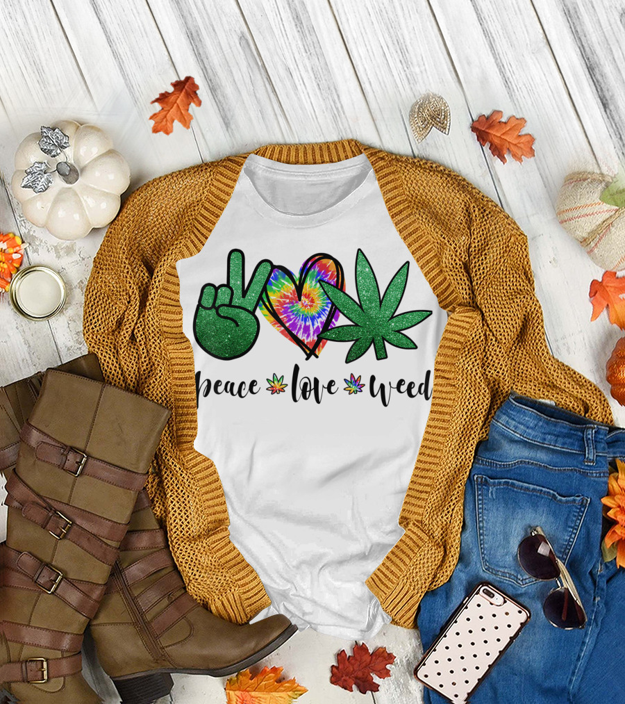 Peace Love Weed Marijuana Hippie Weed Cannabis 420 Stoner Tie-Dye Heart T-Shirt