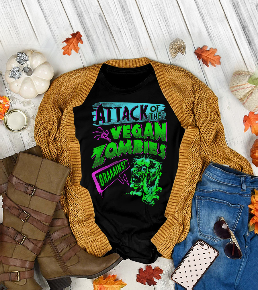 Attack Of The Vegan Zombies GRAAAINS Vegetarian Halloween T-Shirt