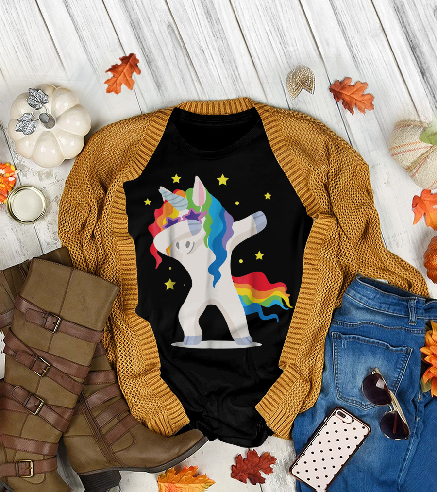 Rainbow Dabbing Unicorn Squad Girls Boys Stars T-Shirt