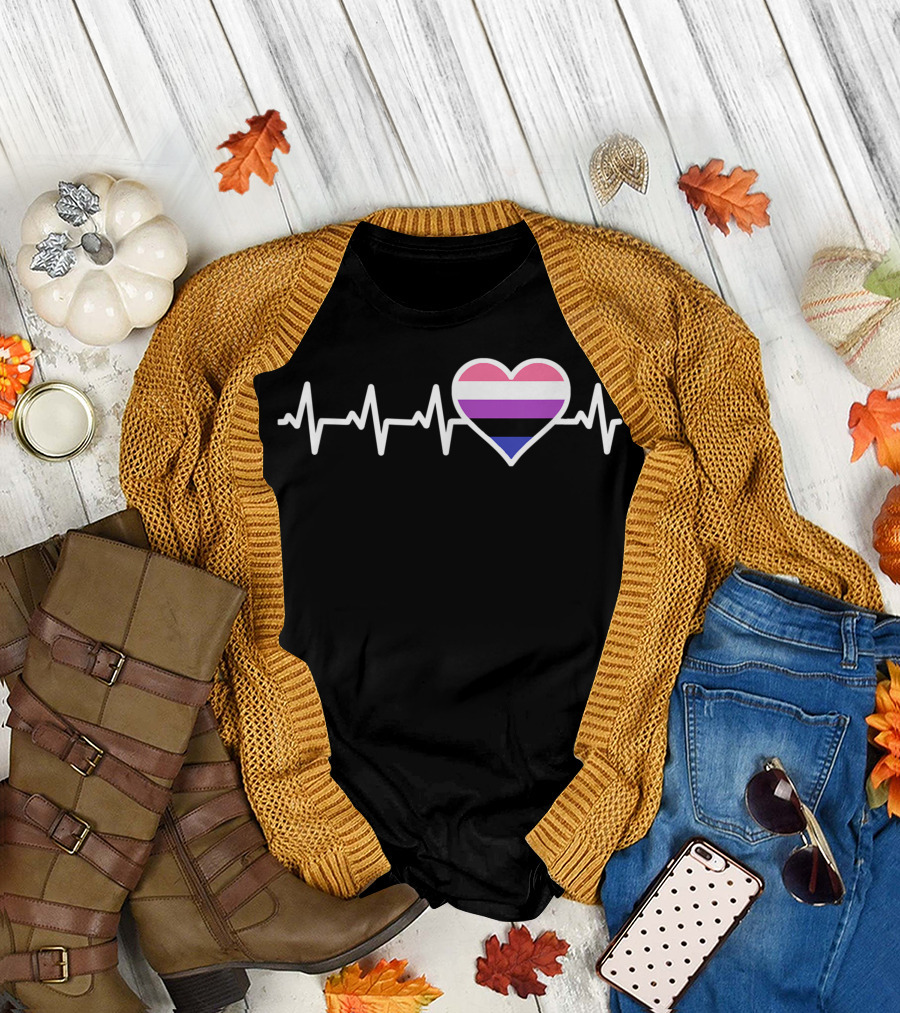 Genderfluid Nonbinary No Gender Fluid Heart with Heartbeat Lines T-Shirt