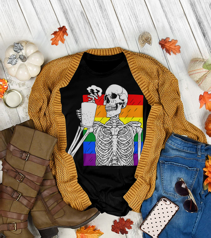 Halloween Coffee Drinking Skeleton Skull Rainbow Pride Awareness T-Shirt