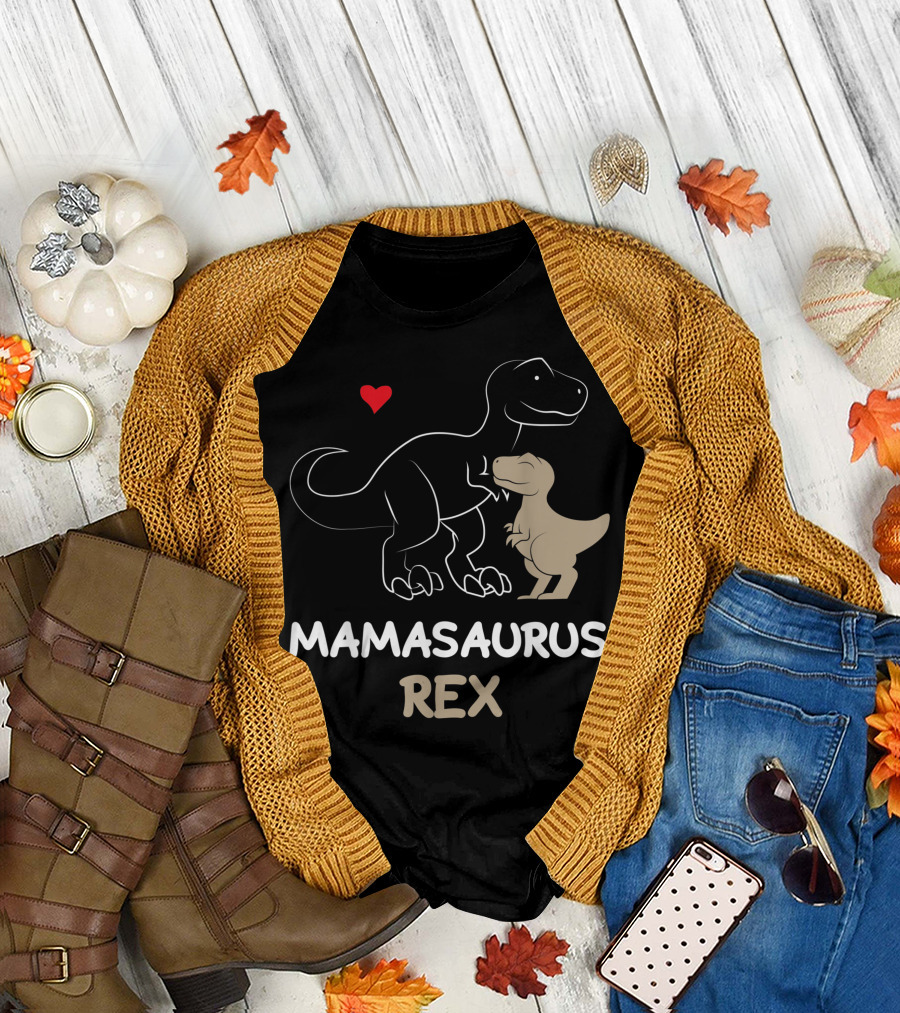 Mamasaurus Rex Dinosaur with Heart and Baby Dinosaur Outline T-Shirt