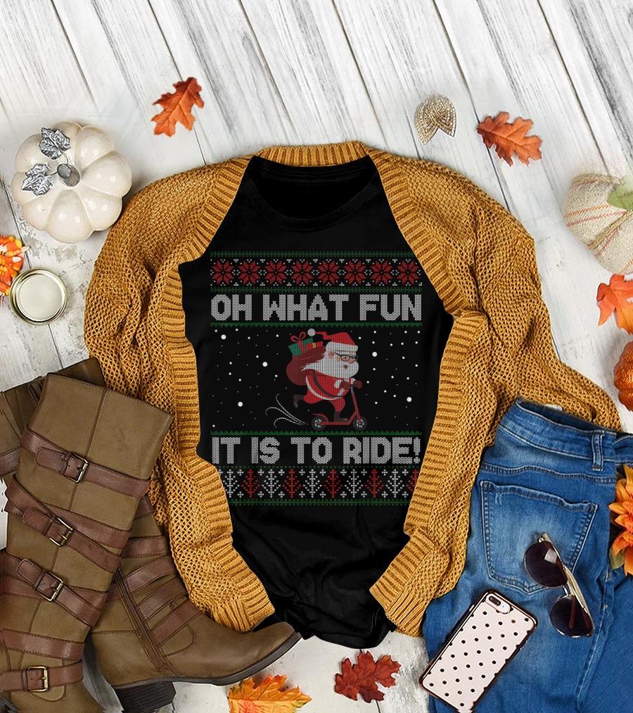 Oh What Fun It Is To Ride Santa on Christmas Scooter Snowflakes T-Shirt