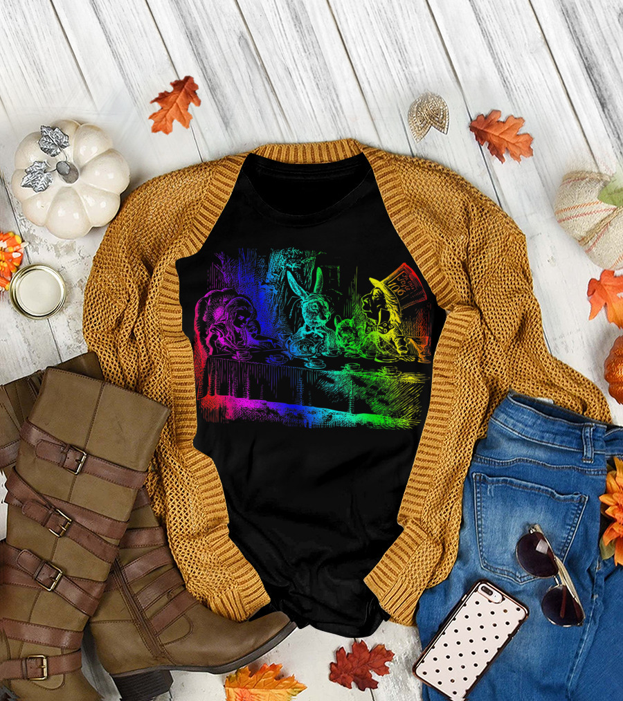 Rainbow Mad Hatter Tea Party in Wonderland Scene T-Shirt