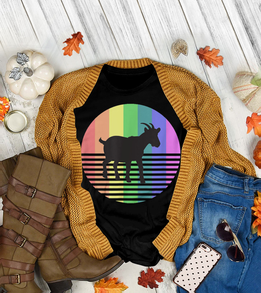 Retro 80s Rainbow Silhouette Goat Gay Pride Vintage Farm Animal T-Shirt