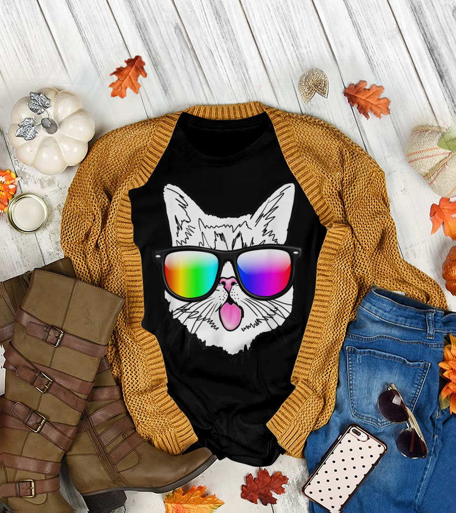 Silly Cute Cat Face Tongue Out Sunglasses Rainbow T-Shirt