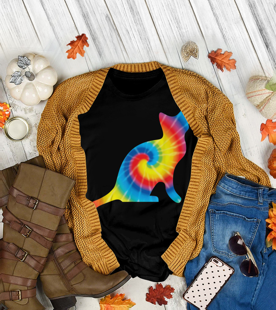 Tie Dye Rainbow Balinese Feline Cat Spiral Print T-Shirt