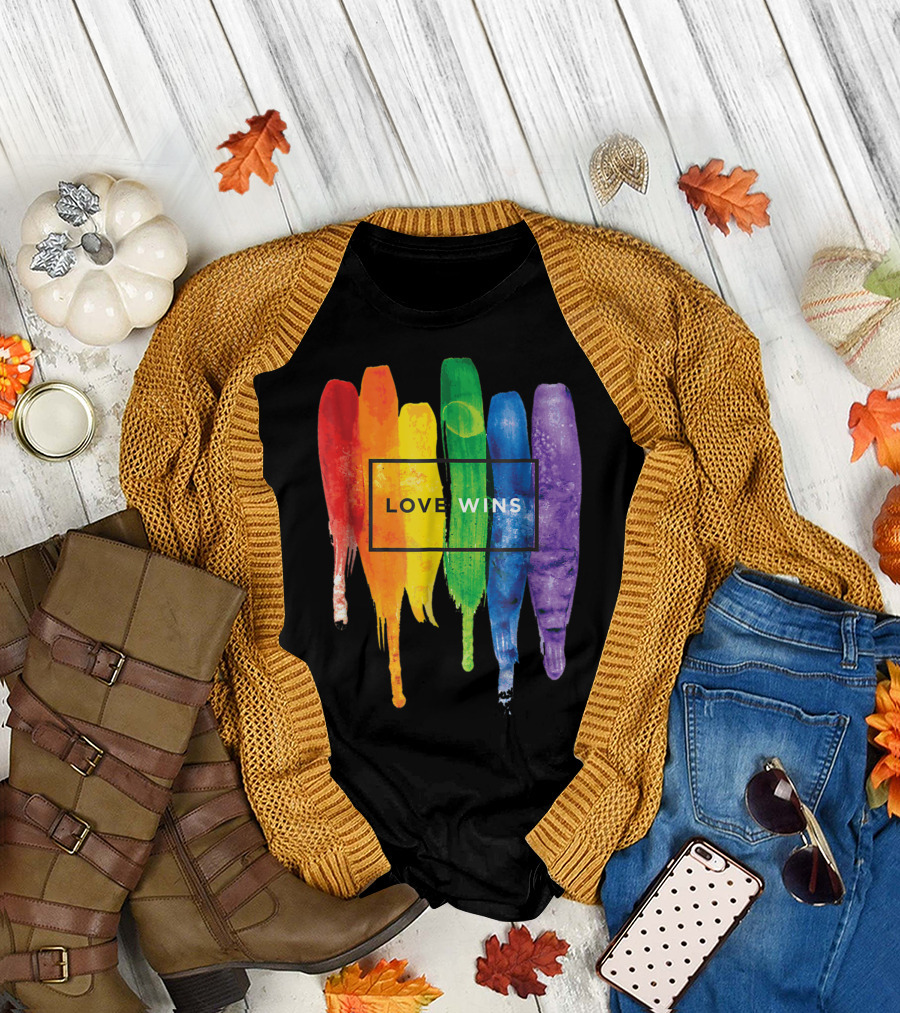 Love Wins Watercolor Rainbow Paint Typography T-Shirt