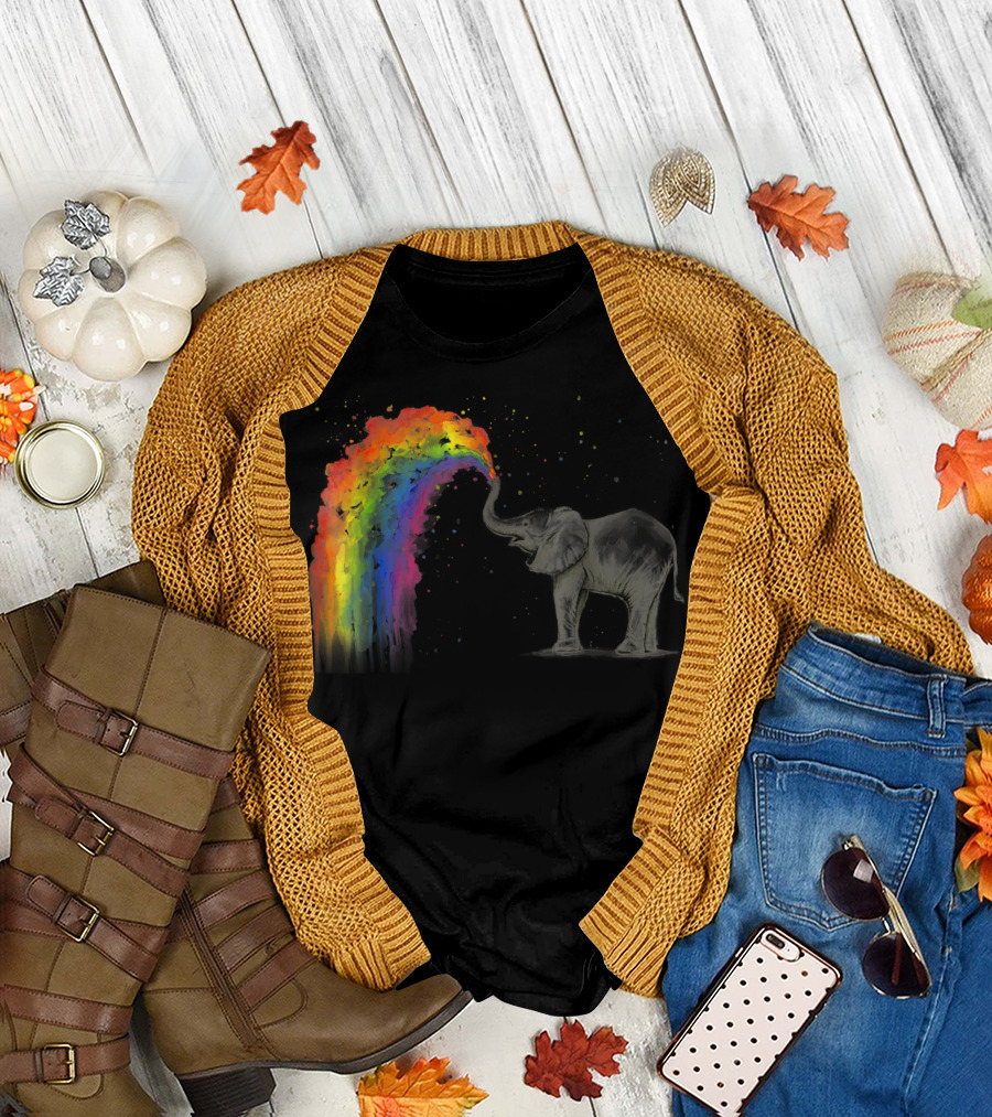 Elephant Spraying Rainbow Baby Elephant Watercolor I9 Colorful Fantasy Animals T-Shirt