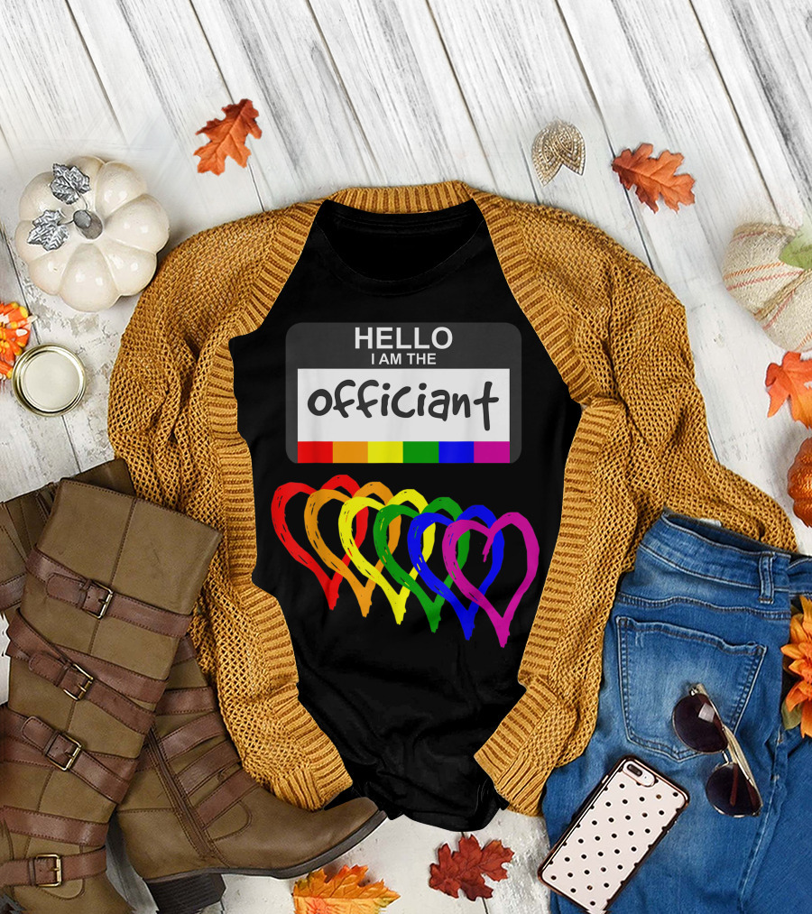Rainbow Flag Hearts Wedding Party Hello I Am the Officiant Name Badge T-Shirt
