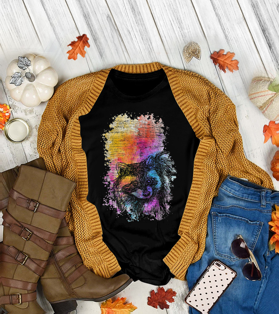 Raccoon Colorful Animal Art with Vibrant Rainbow Background T-Shirt