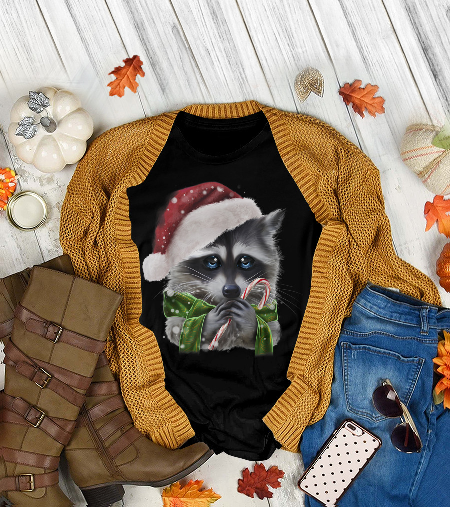 Christmas Raccoon in Santa Hat Holding Candy Cane T-Shirt