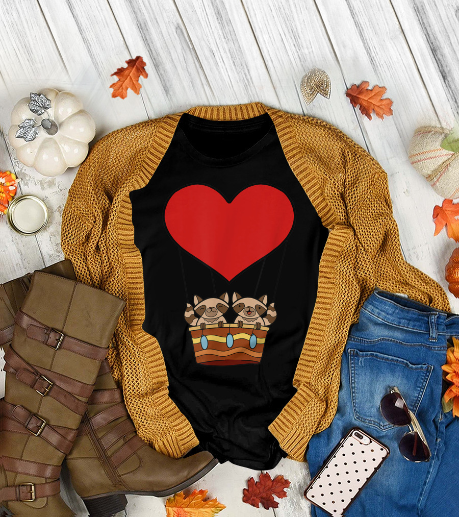 Cute Love Raccoons Heart Air Balloon Valentines Day T-Shirt