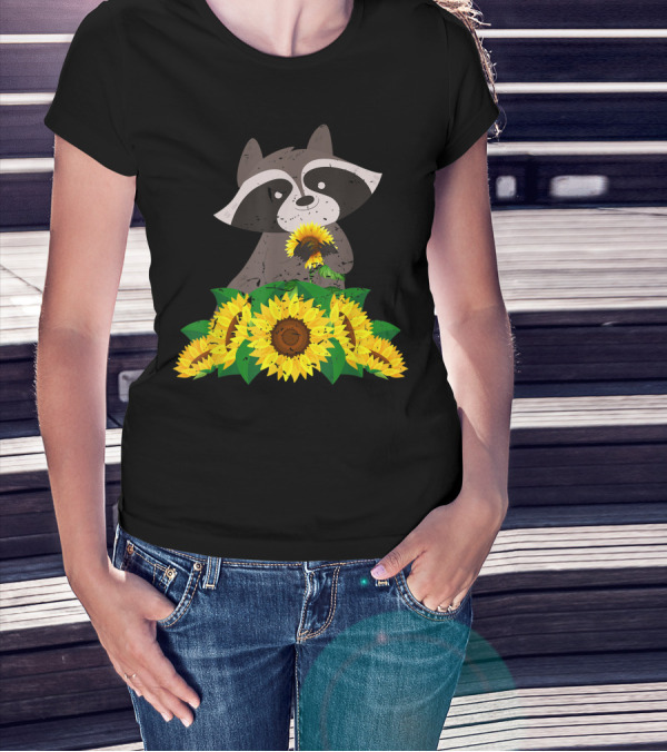 Cute Raccoon Holding Sunflowers Amazing Animal T-Shirt