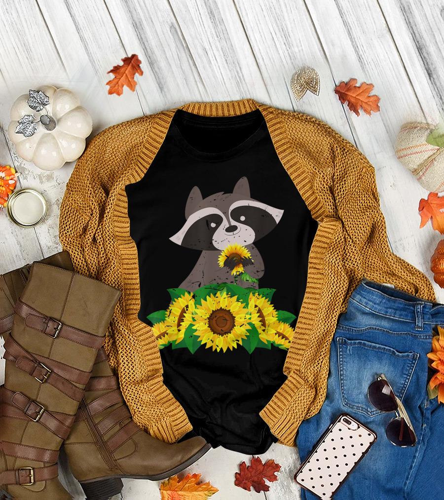 Cute Raccoon Holding Sunflowers Amazing Animal T-Shirt