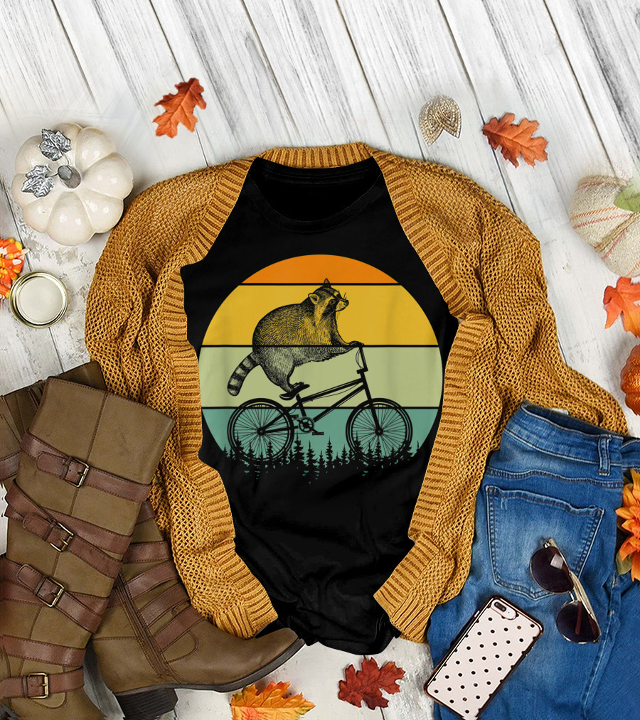 Trash Panda Racoon Cycling Sunset Retro Bicycle T-Shirt