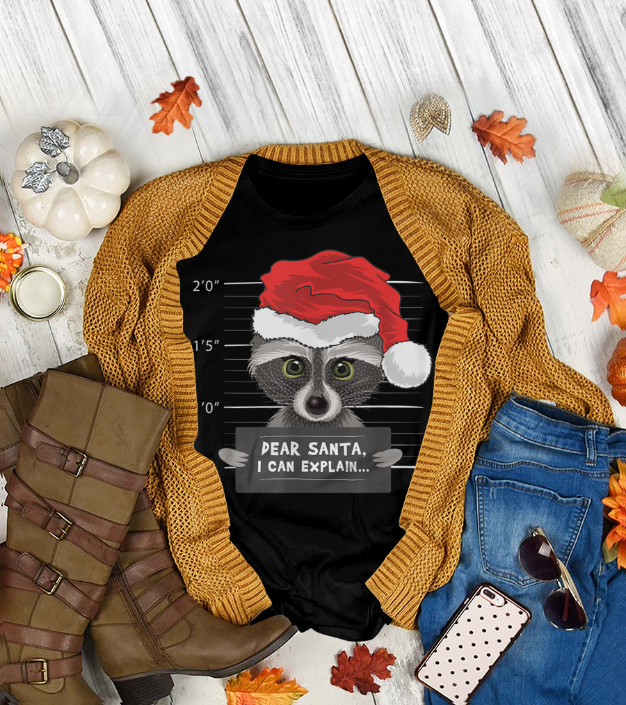 Dear Santa I Can Explain Funny Raccoon in Santa Hat with Mugshot Lines T-Shirt
