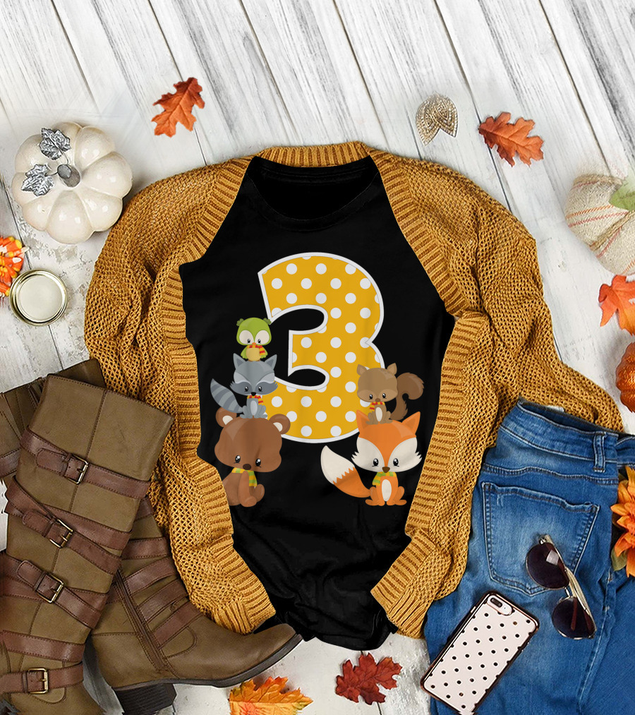 Fall Season Woodland Animals 3rd Birthday Party with Cute Forest Friends T-Shirt