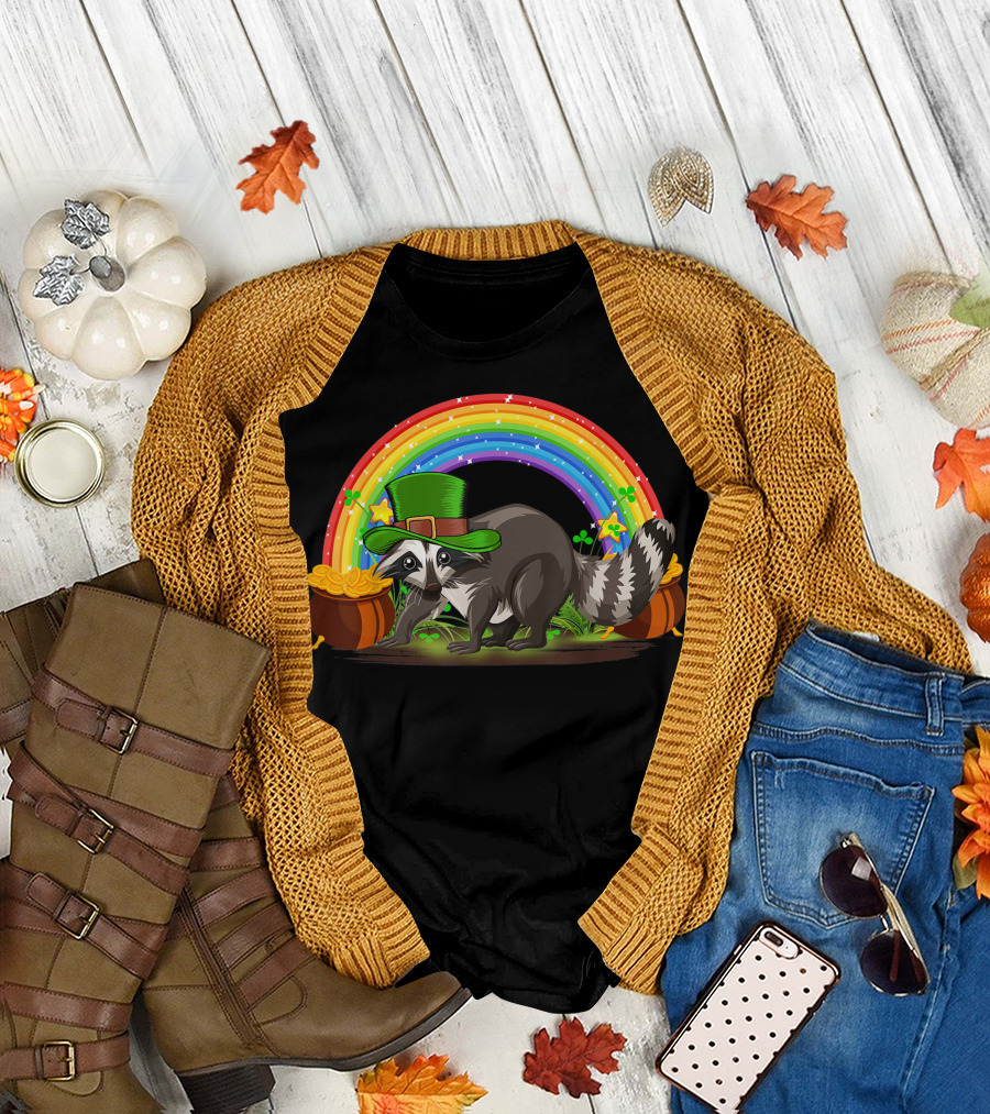 Irish Raccoon with Leprechaun Hat Under Rainbow and Pots of Gold T-Shirt
