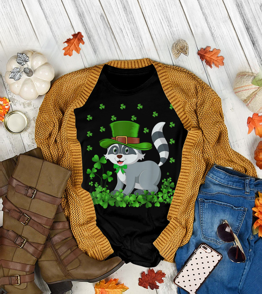 Irish Shamrock Leprechaun Hat Raccoon with Green Clovers T-Shirt