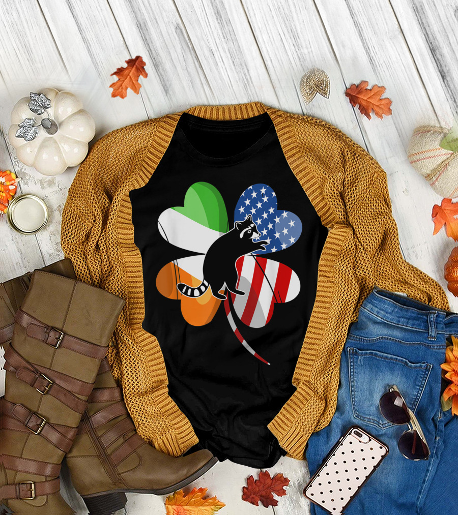 Irish USA Flag Clover Raccoon Lover St Patrick's Day T-Shirt